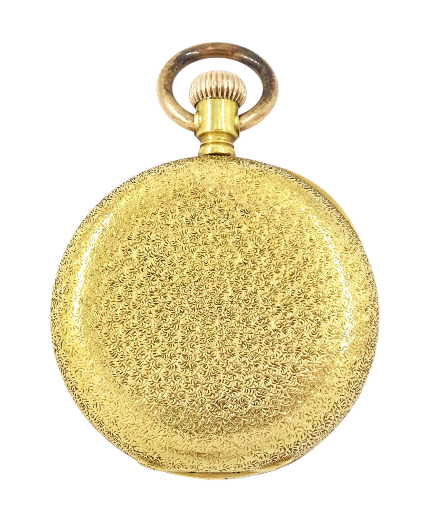 19th century 18ct gold open face keyless Royal lever presentation fob watch by American Watch Company, Massachusetts, No. 4571270, gilt dial with Roman numeral hour markers, back case with engraved decoration, stamped 18c with Helvetia hallmark