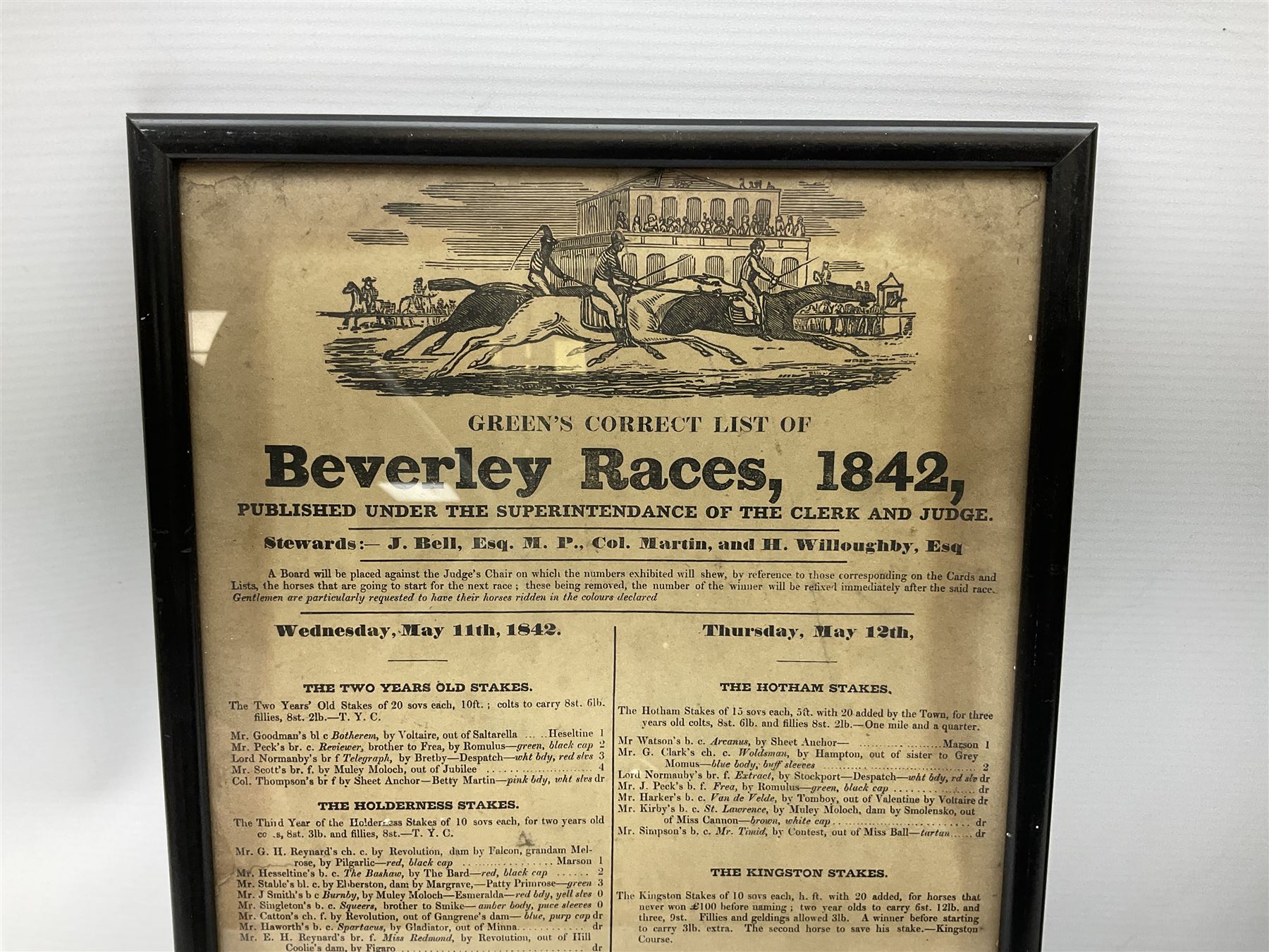 Two 19th century Beverley Race posters - 11th/12th May 1842 with vignette of a horse race 35 x 23cm; and 17th March 1854; each in ebonised frame; together with 'Notice of Poll .... Beverley No.5 Ward' 6th May 1976 78 x 43cm in mahogany stained frame (3)
