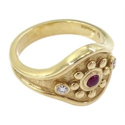 9ct gold three stone cabochon ruby and round brilliant cut diamond ring, Sheffield 1996