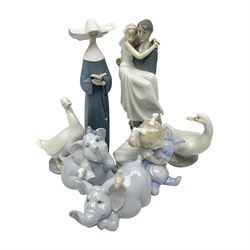 Two Lladro figures, Over the Threshold no 5282 and Prayful Moment no 5500 together with five Nao figures