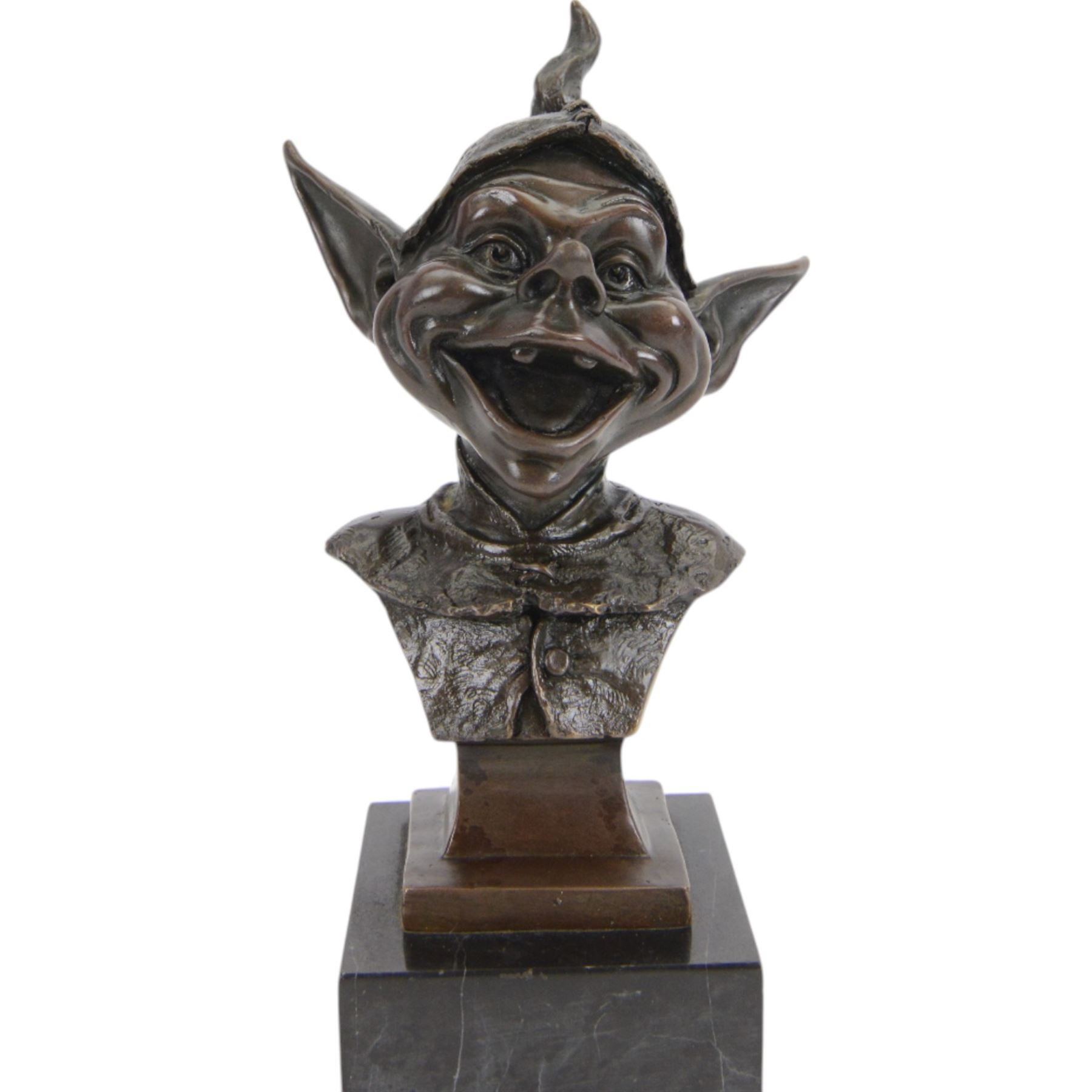 Modern bronze bust of a goblin upon a square black marble base, signed Juno, H28cm