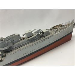 Model of the WWII K-Class Destroyer HMS Kelly, fitted with remote control equipment, untested (no controller), approximately L110cm