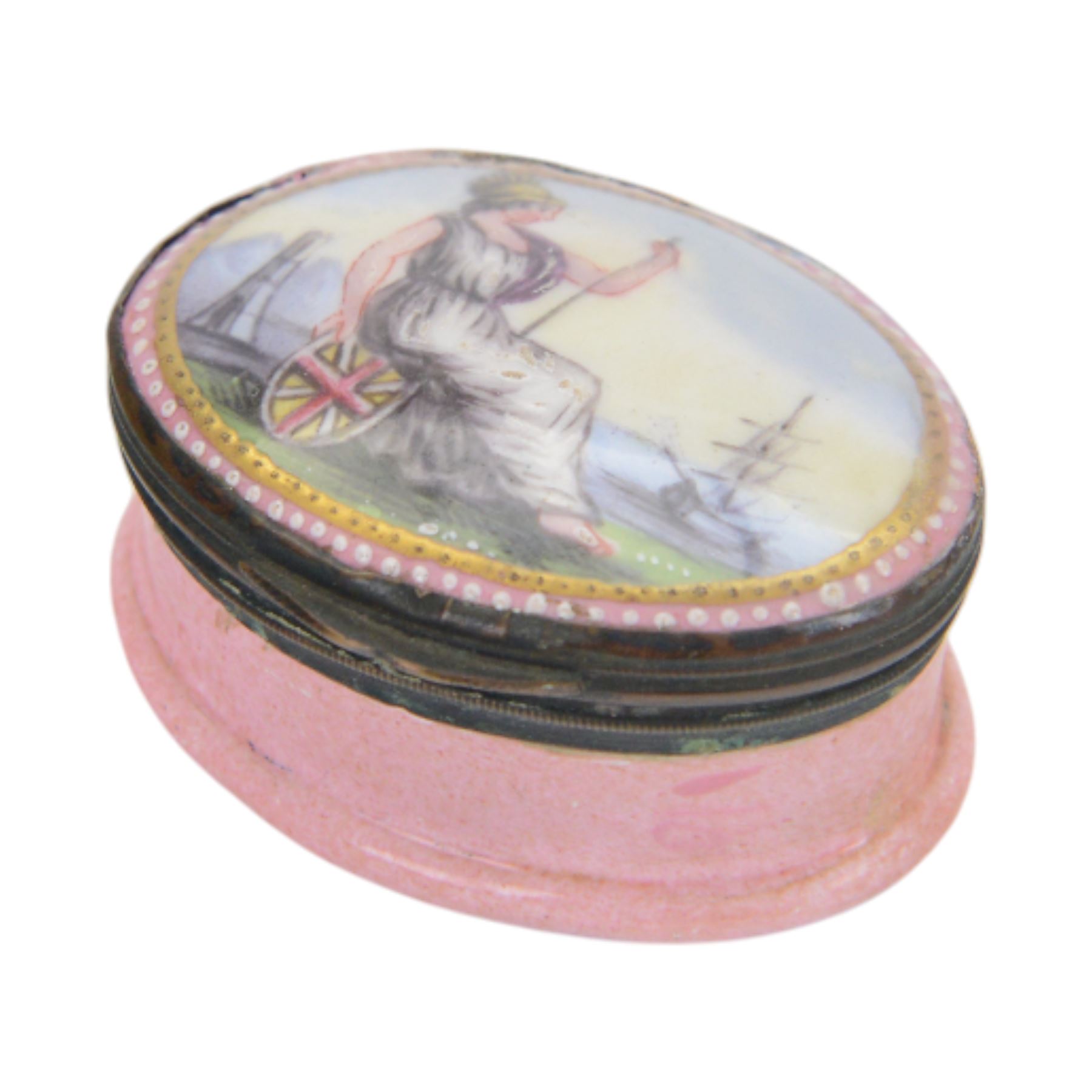 19th century Bilston enamel snuff box, of oval form, the hinged cover decorated with Britannia, H5cm  