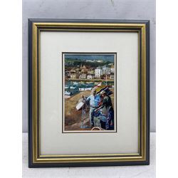 British School (Mid 20th century): Mending Nets at the Harbourside, probably Cornwall or Wales, acrylic on canvas laid on to paper unsigned 24cm x 16cm 
Provenance: with the Oakwood Gallery, Leeds, label verso