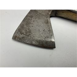 Post-War military type fireman's axe impressed 'PERKS 1953/54' with additional indistinct mark probably WD arrow, ash handle L39cm; and another stonemason's(?) double headed axe with mallet shaped shaft (2)