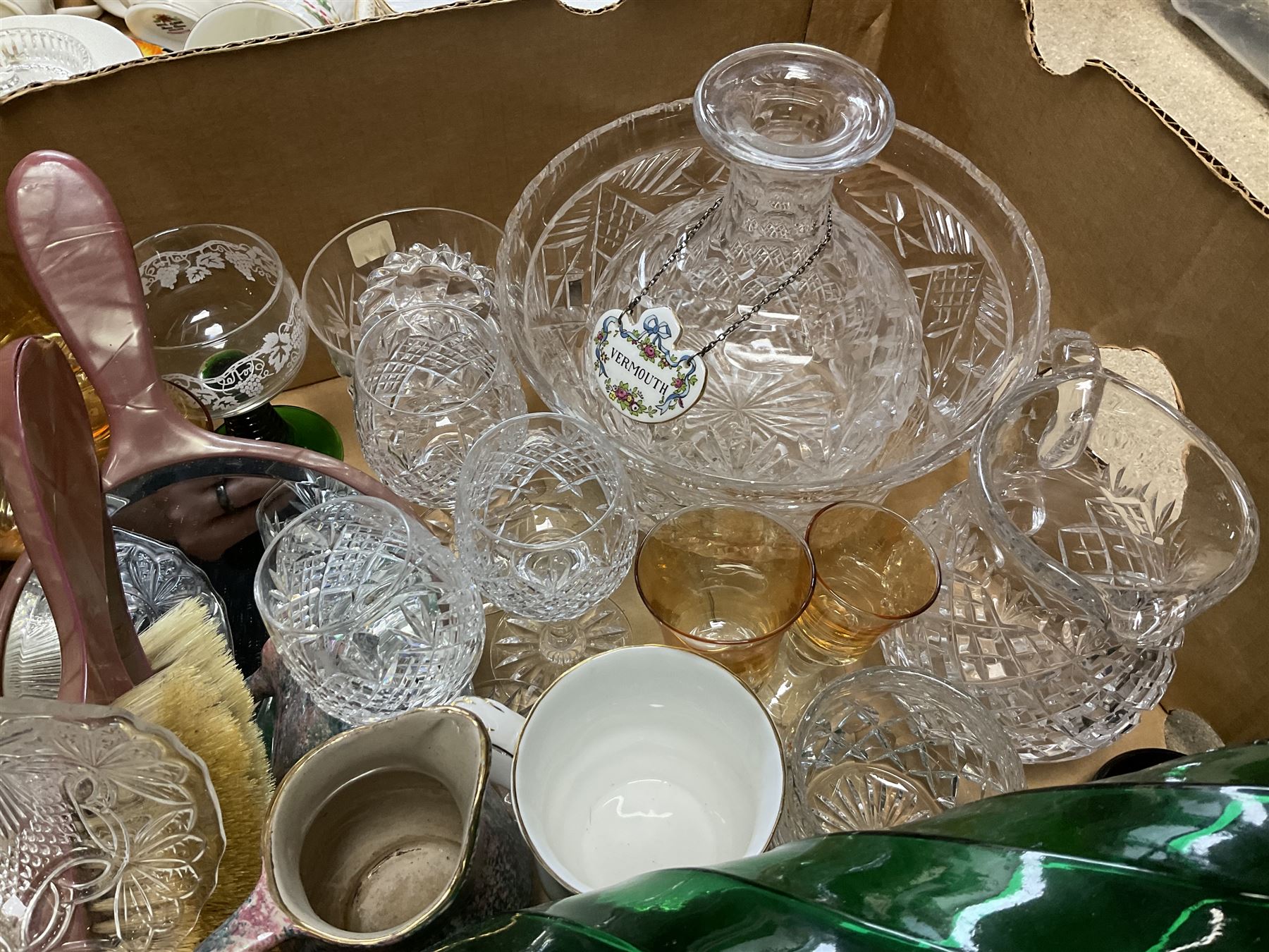 Royal Albert Poinsettia pattern part tea service, including tea cups, mugs, dessert plates, cake plate, together with James Kent plates, Crown Staffordshire Vermouth ceramic decanter label, glassware etc, two boxes 