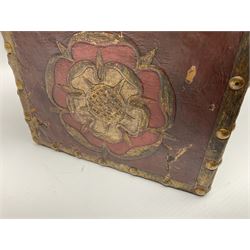 20th century box, decorated in faux leather with the royal coat of arms and GR 1719 to hinged cover, with fleur-de-lis, lion, crown and rose motifs throughout and studs to all edges, opening to reveal a purple velvet interior containing three removable wooden trays, H18.5cm