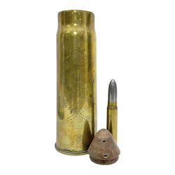 WWI trench art 13-pound anti-aircraft brass shell case engraved Alexandra Princess of Wales, Yorkshire Regiment, bears marks for Royal Ordnance Factory Woolwich 1917 H29cm; WWI British shell fuse dated June 1916; and WWII 20mm brass cannon shell dated 1941 (3)