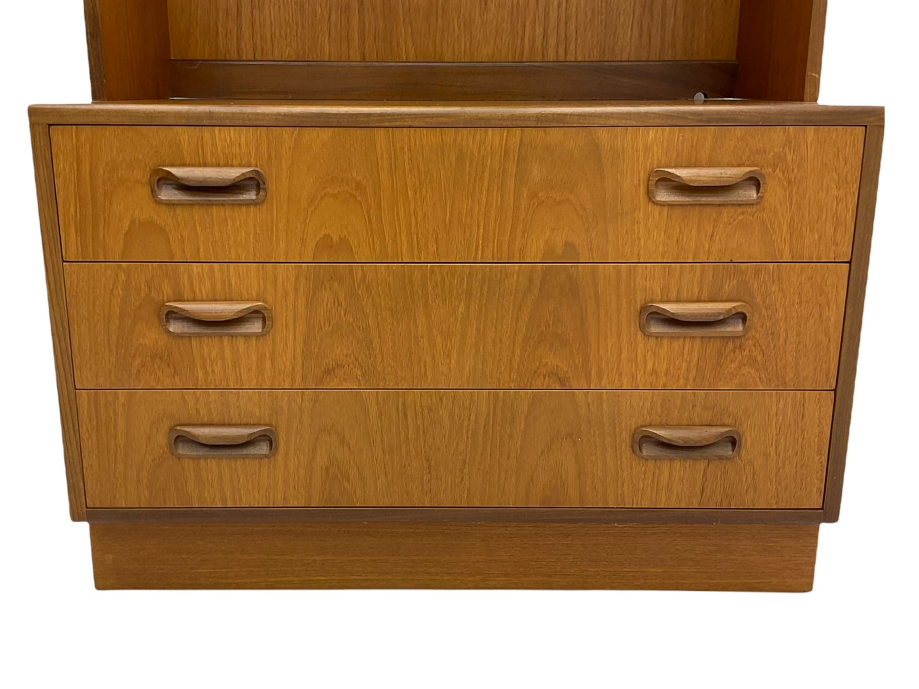 G-Plan teak two sectional modular wall display cabinet, fitted with sliding glass doors, double cupboard and three drawers