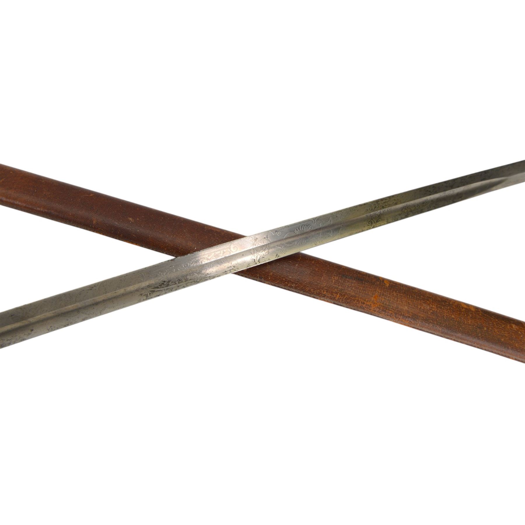 British Artillery Officer's sword by J. Daniels & Co, Artillery Place Woolwich, the 88cm steel blade engraved Durham R.G.A (H.E), wirebound fishskin grip, chequered backstrap and stepped domed pommel, in brown leather scabbard, overall L104cm