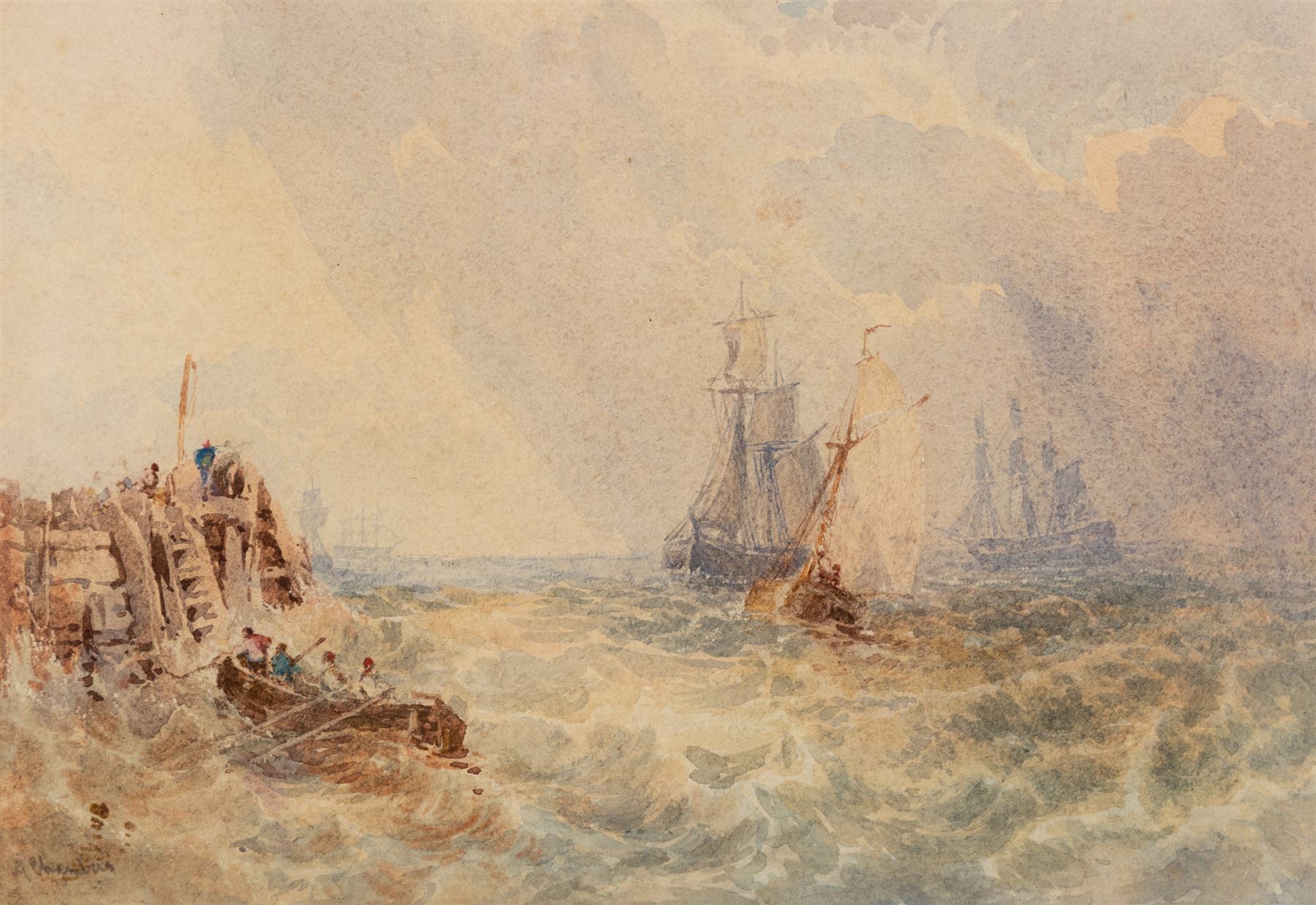 George Chambers Snr (British 1803-1840): Sailboats Bracing Rough Seas, watercolour signed 16cm x 23.5cm