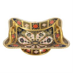 Royal Crown Derby Imari 1128 pattern twin handled comport dish, H12cm, L30cm