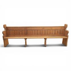 Victorian pitch pine church pew, tongue and groove back with rear shelf, shaped sides and supports 