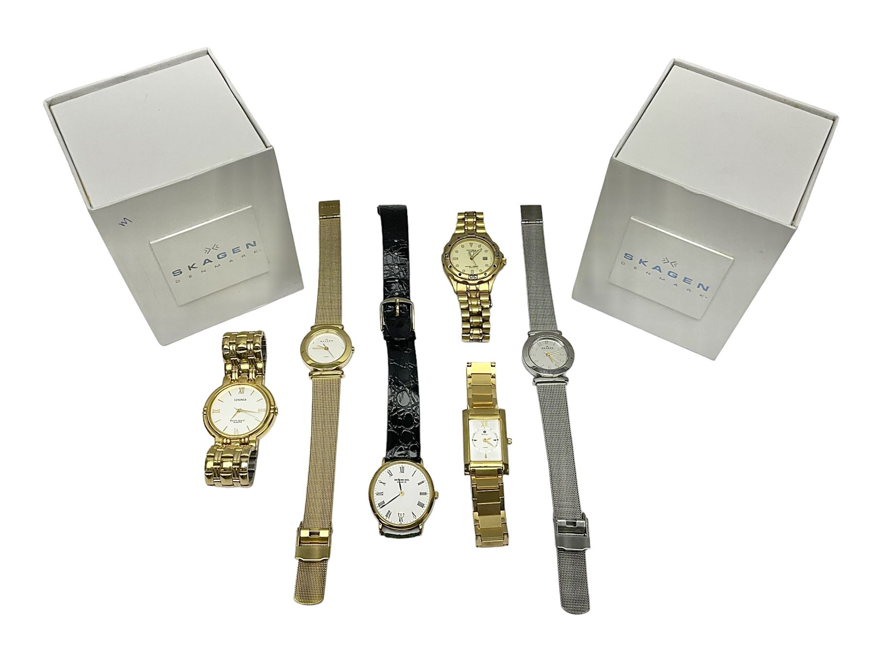 Two ladies Skagen wristwatches, to include 107SGSC and 107SGGD, both on stainless steel mesh straps, boxed, together with four other ladies wristwatches (6)