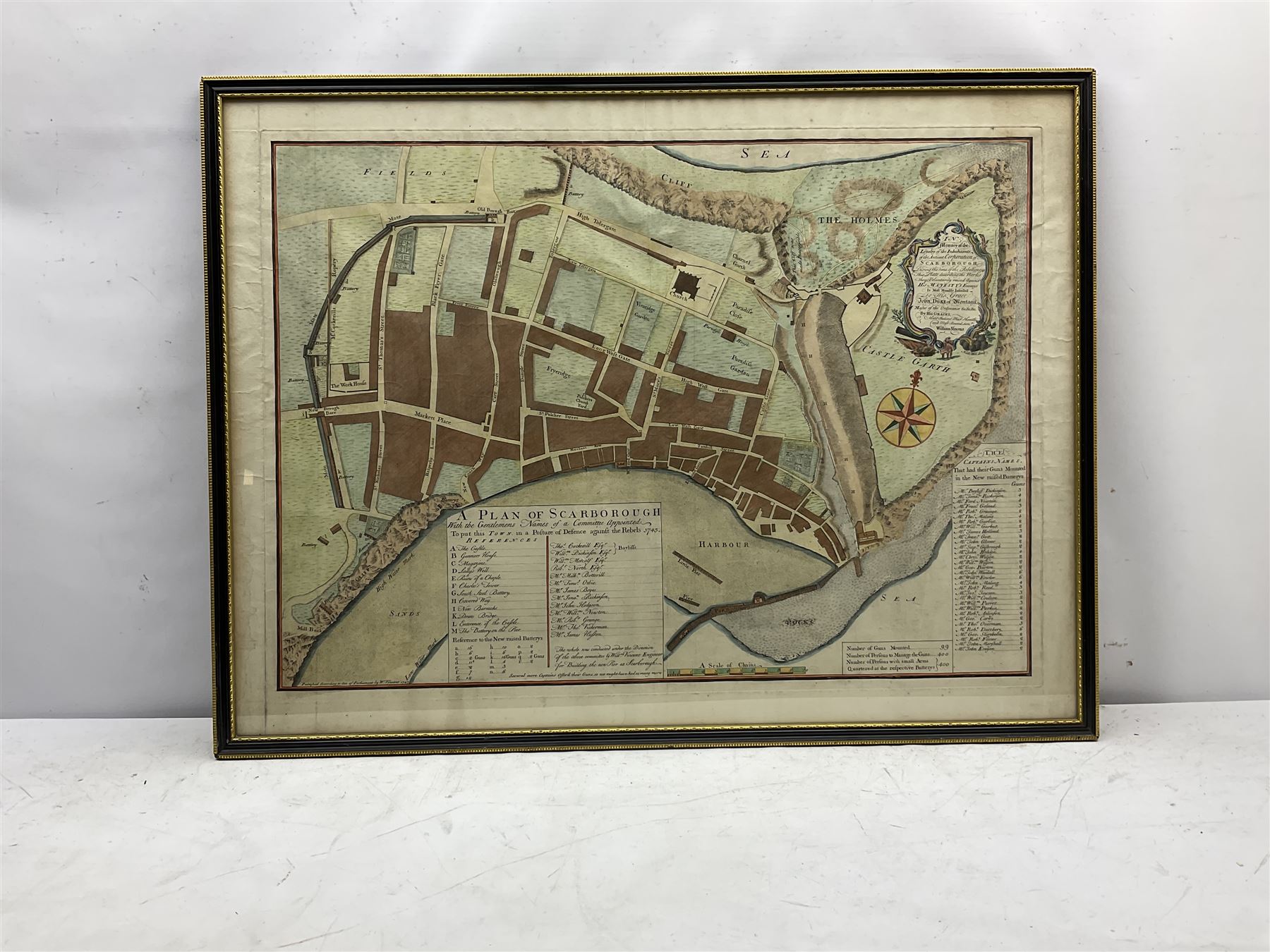 Nathaniel Hill (British 1708-1768): 'A Plan of Scarborough....To put this Town in a Pofture of Defence againft the Rebels 1745', rare mid 18th century large edition hand coloured map pub. 1747 by William Vincent 'In Memory of the Inhabitants of the Ancient Corporation of Scarborough... To His Grace John Duke of Montagu Master of the Ordenance' 62cm x 82cm