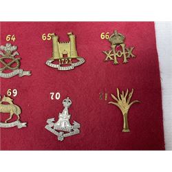 Twenty cap badges including Welsh Guards, Kings Royal Irish Hussars, York & Lancaster,  Loyal Suffolk Hussars, North Stafford, Durham Light Infantry, Cheshire, West Yorkshire, Norfolk, South Wales Borderers, Dorsetshire etc; mounted on a board for display