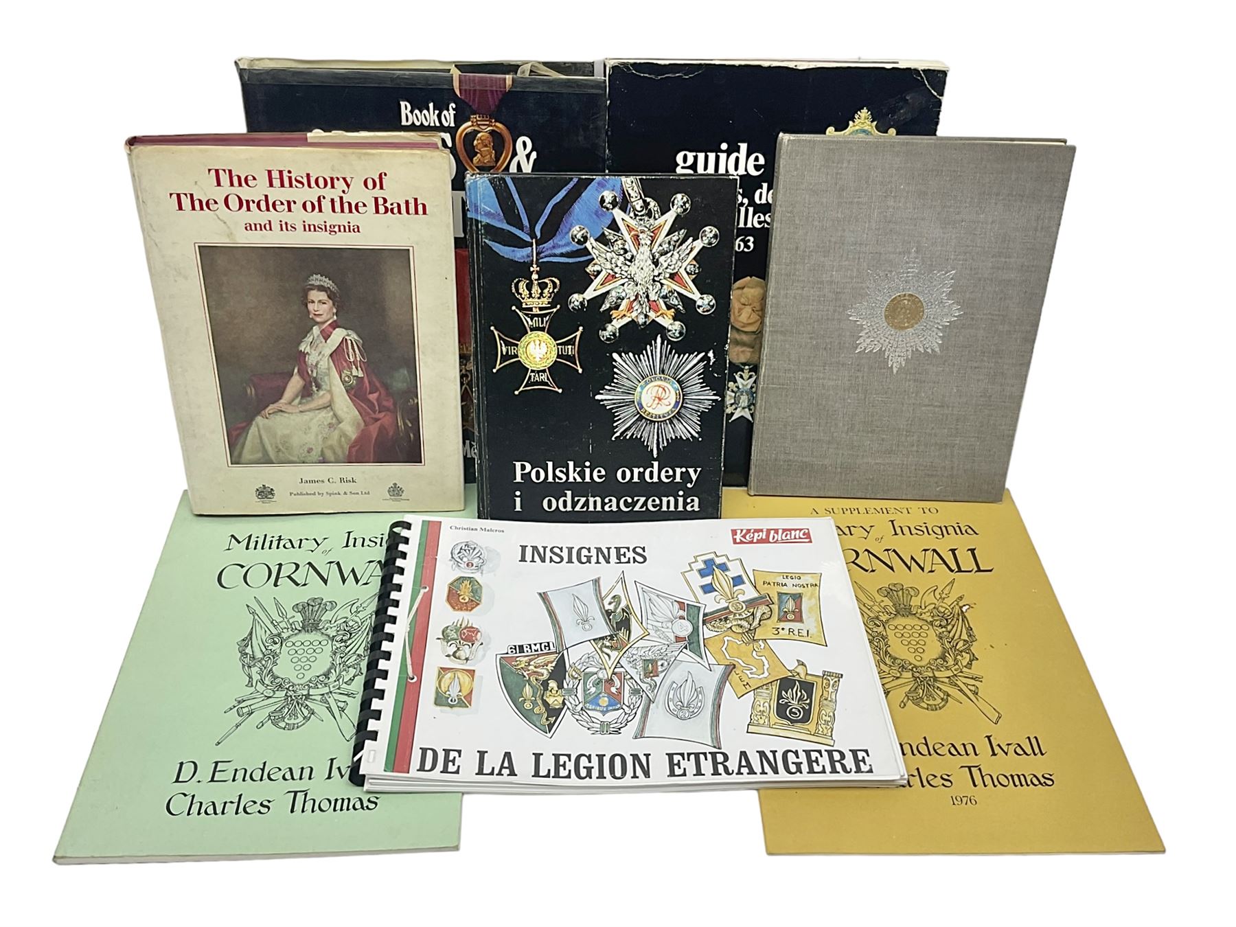 Five reference books on medals and orders including Vaclav Mericka: Book of Orders and Decorations; Polskie ordery i odznaczenia; James C. Risk: The History of the Order of the Bath; Guide des ordres, decorations et medailles militaires 1814-1963; etc; together with two works on Cornish Military Insignia; and Insignes De la Legion Etrangere (8)