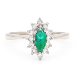 18ct white gold emerald and diamond cluster ring, single marquise cut emerald 0.25 carat, ...