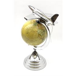 Art Deco style world globe with chrome Aeroplane finial and mounts, H30cm