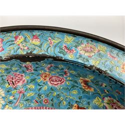 18th/19th century Chinese Canton enamel basin, the circular basin with flat everted rim, decorated with scrolling foliate and fruit decoration on a blue ground, D43cm