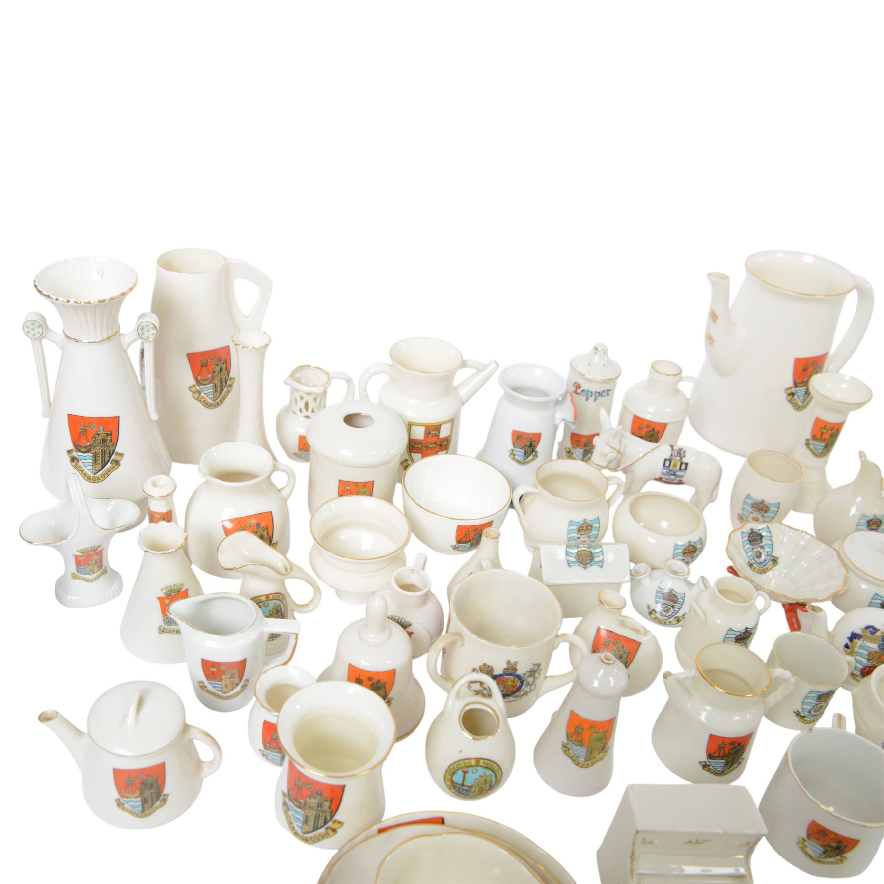 Large collection of Scarborough, Filey and Yorkshire Crested ware, including vases, teapots, jugs, bells etc
