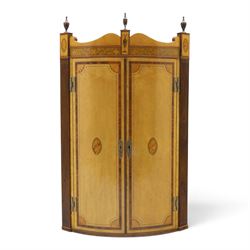 Edwardian inlaid birds-eye maple corner cabinet, urn finials above shell motif inlays, ree...
