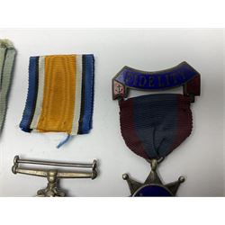 WW1 British War Medal awarded to 28885 Pte. A. Hey R. War. R.; WWI Victory Medal awarded to 7633 Pte. E. Edwards L'Pool R.; two WWII medals; Royal Navy Temperance Society Medal; Services Rendered badge No.B55177; and Home Guard lapel badge