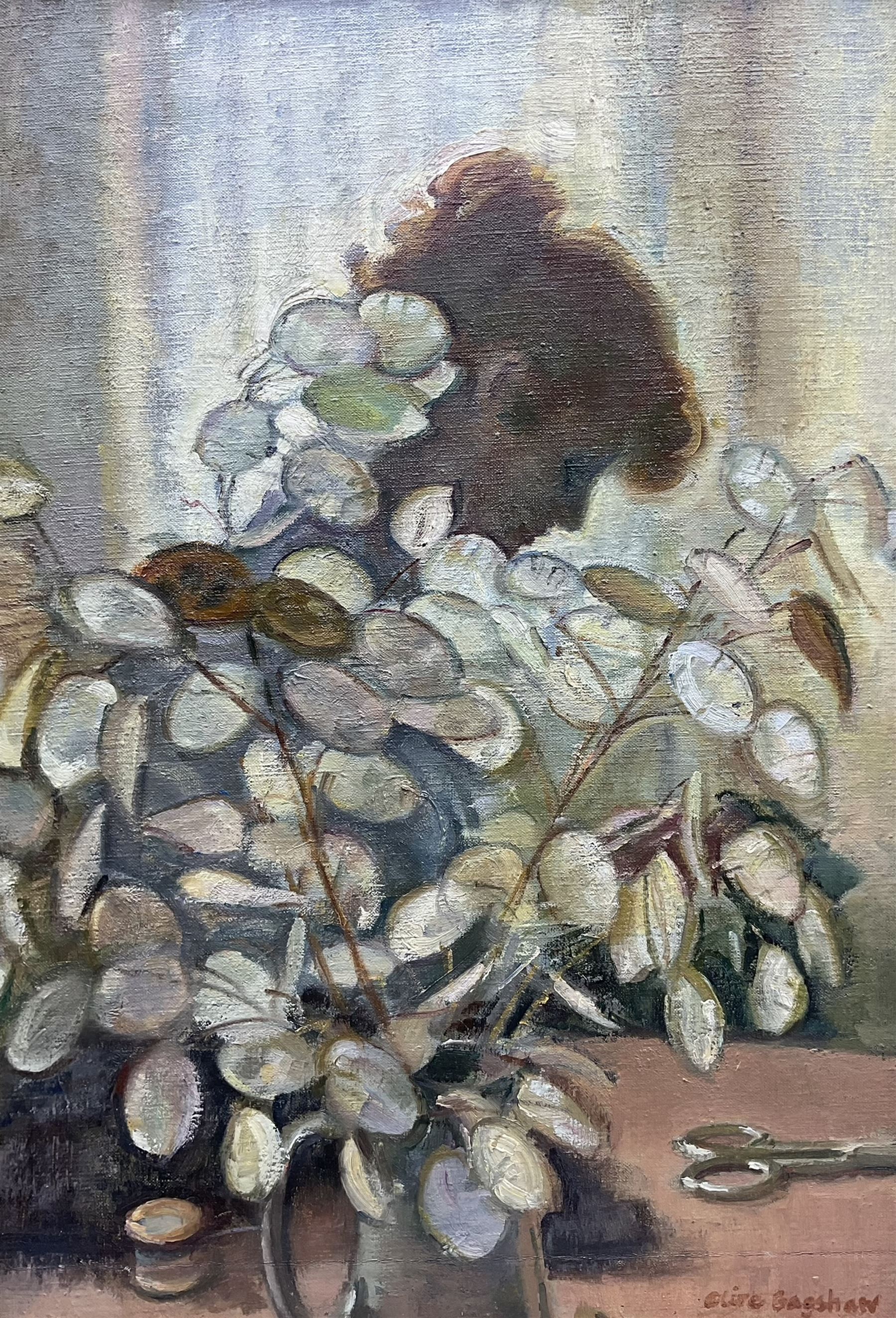 Olive Bagshaw (Northern British fl.1965-1978): Lady Reading behind a Jug of Dried Honesty, oil on canvas laid on board signed 53cm x 36cm 
Provenance: from the Artist's Studio Sale. Miss Bagshaw who was born in Salford, received her formal art training at Salford and Manchester Art School. Her work has been regularly accepted at the Royal Society of Portrait Painters, the Royal Academy and Federation of British Artists (Information from a 1970's Monks Hall Museum and Gallery exhibition catalogue).