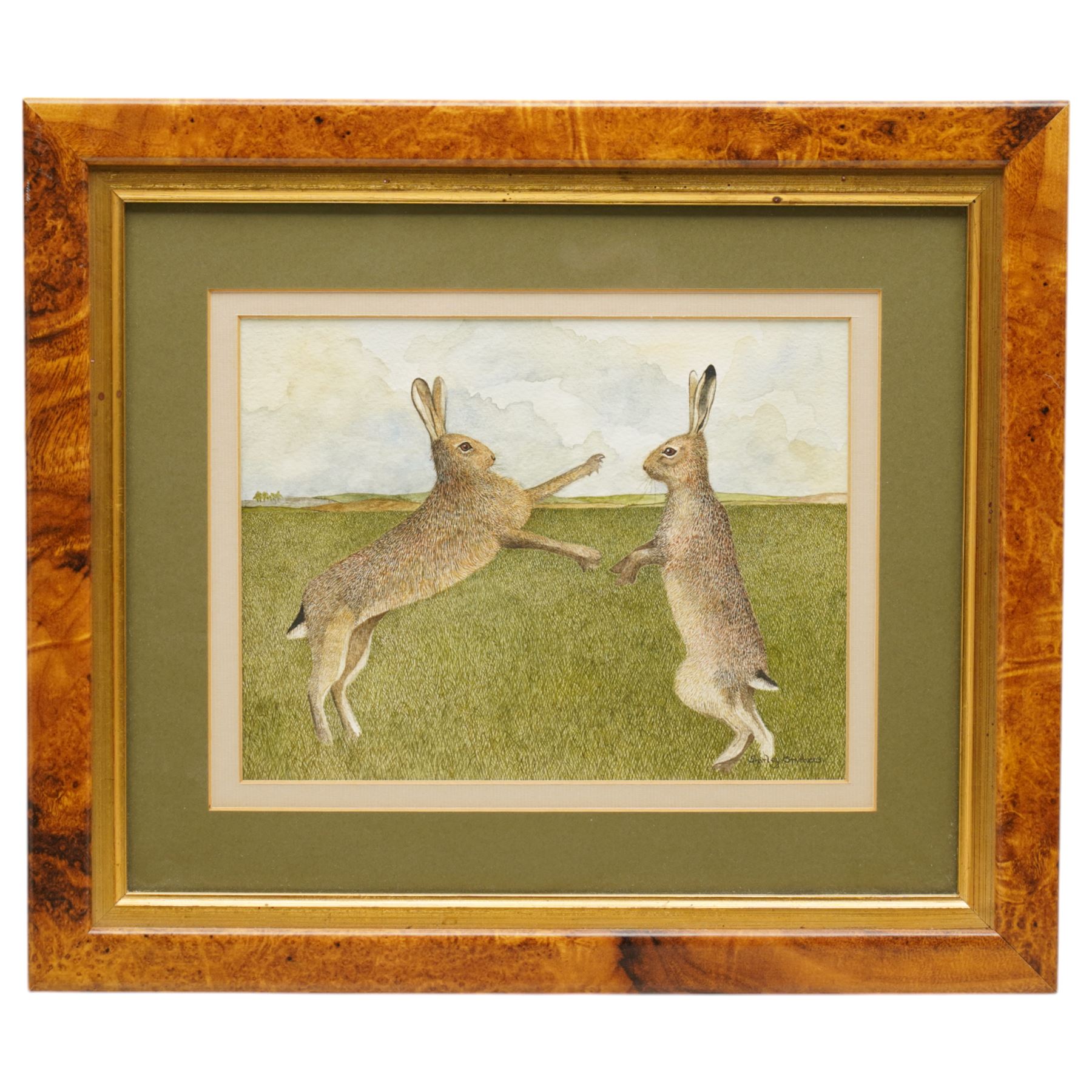 Shirley Smithers (British 20th century): 'March Hares', watercolour signed, labelled verso 18cm x 23cm
