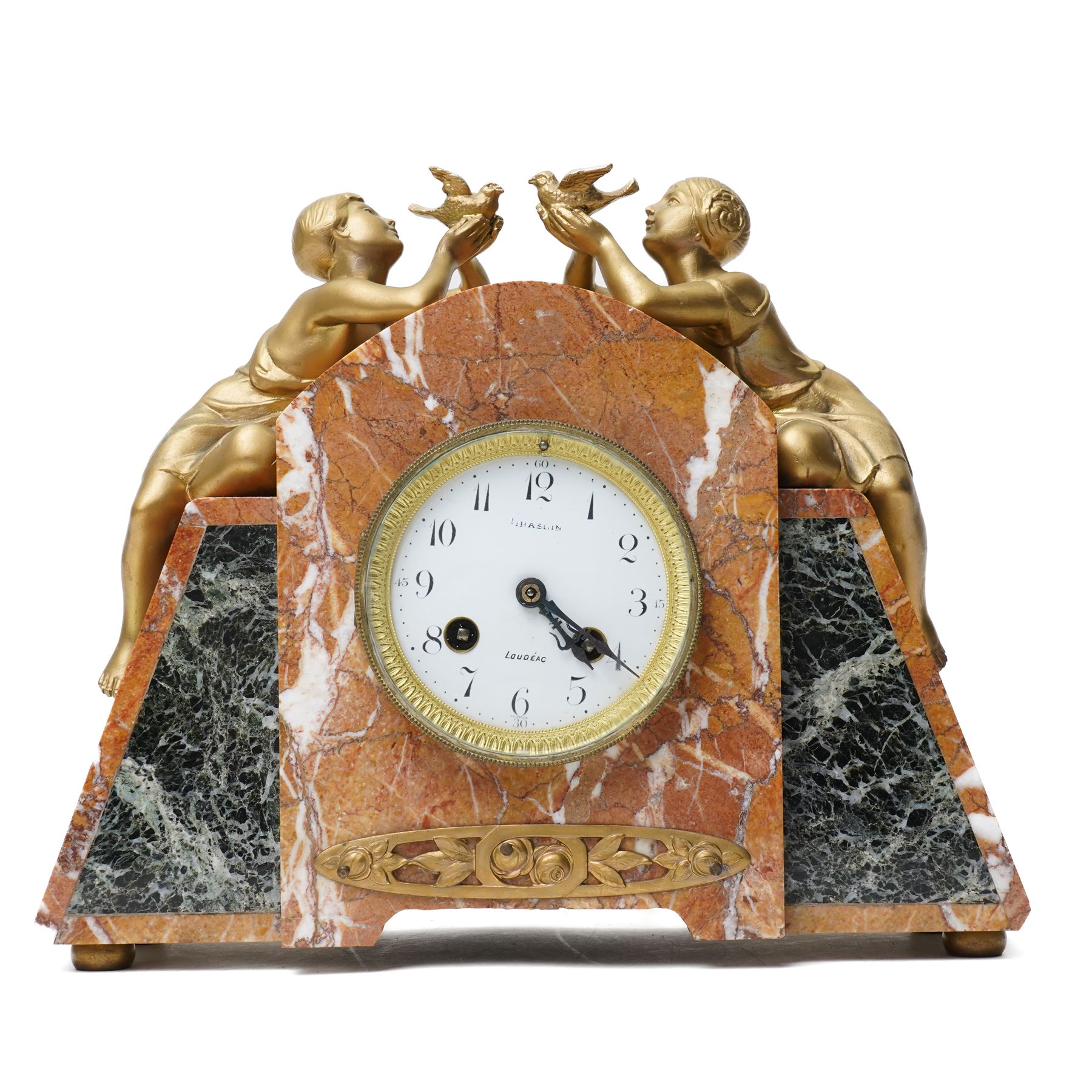 French Art Deco mantel clock, the white dial inscribed Loudeac, with bell strike in marble case surmounted by two gilt metal figures holding doves H26cm x W30cm