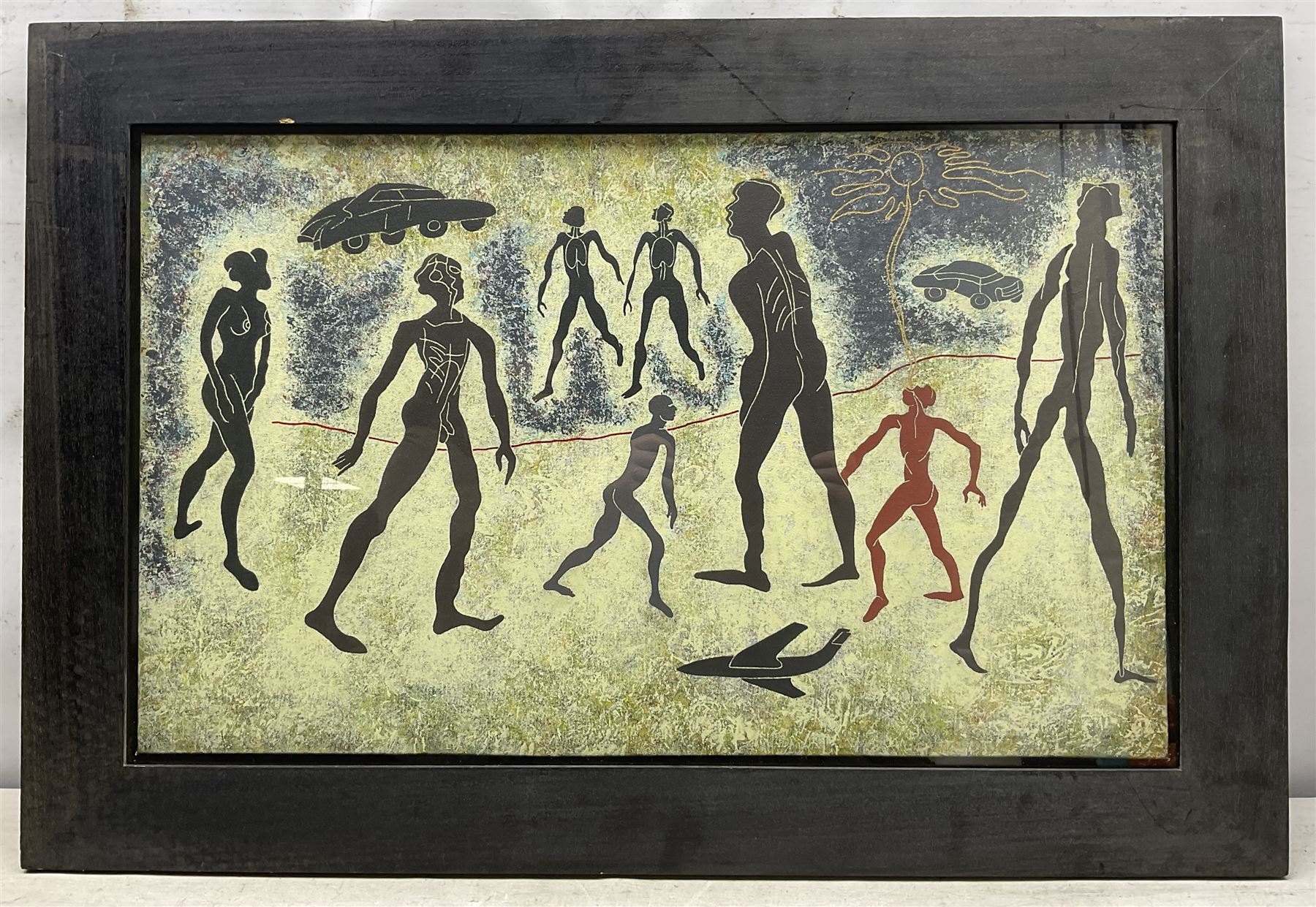 Phil Redford (British 1943-): 'Sun Singer', acrylic on canvas unsigned, titled and dated 1994 verso, 43cm x 71cm; 'Firebird', mixed media unsigned, titled and dated 1991 verso 33cm x 25cm (2)