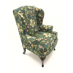  Queen Anne style wing back upholstered armchair, cabriole legs, W85cm  