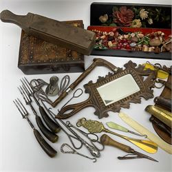 Miscellaneous collectors items - five 19th century and later cork screws including one with turned bone handle; carved sycamore butter roller; two pastry wheels; Strickland flask in leather case; costume jewellery in Victorian papier mache glove box; Black Forest hand mirror; various shoe horns and button hooks including silver handled etc