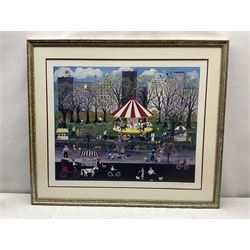 Jessica Wasilewski (American contemporary): 'Pugs in the Park', limited edition colour lithograph signed and numbered 286/400 pub. 2007, 51cm x 63cm