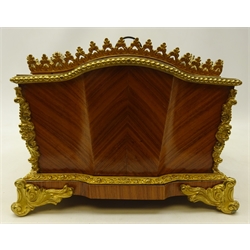  Late 19th/ early 20th century French kingwood jardiniere of shaped rectangular form with foliate gilt metal mounts, pierced gallery above two oval porcelain panels hand painted with floral sprays in the Sevres style on four scroll feet with removable tin liner, L36cm x H19cm x D24cm. Provenance Property of Bob Heath, Brandesburton Formerly of Ravenfield Hall Farm near Rotherham  