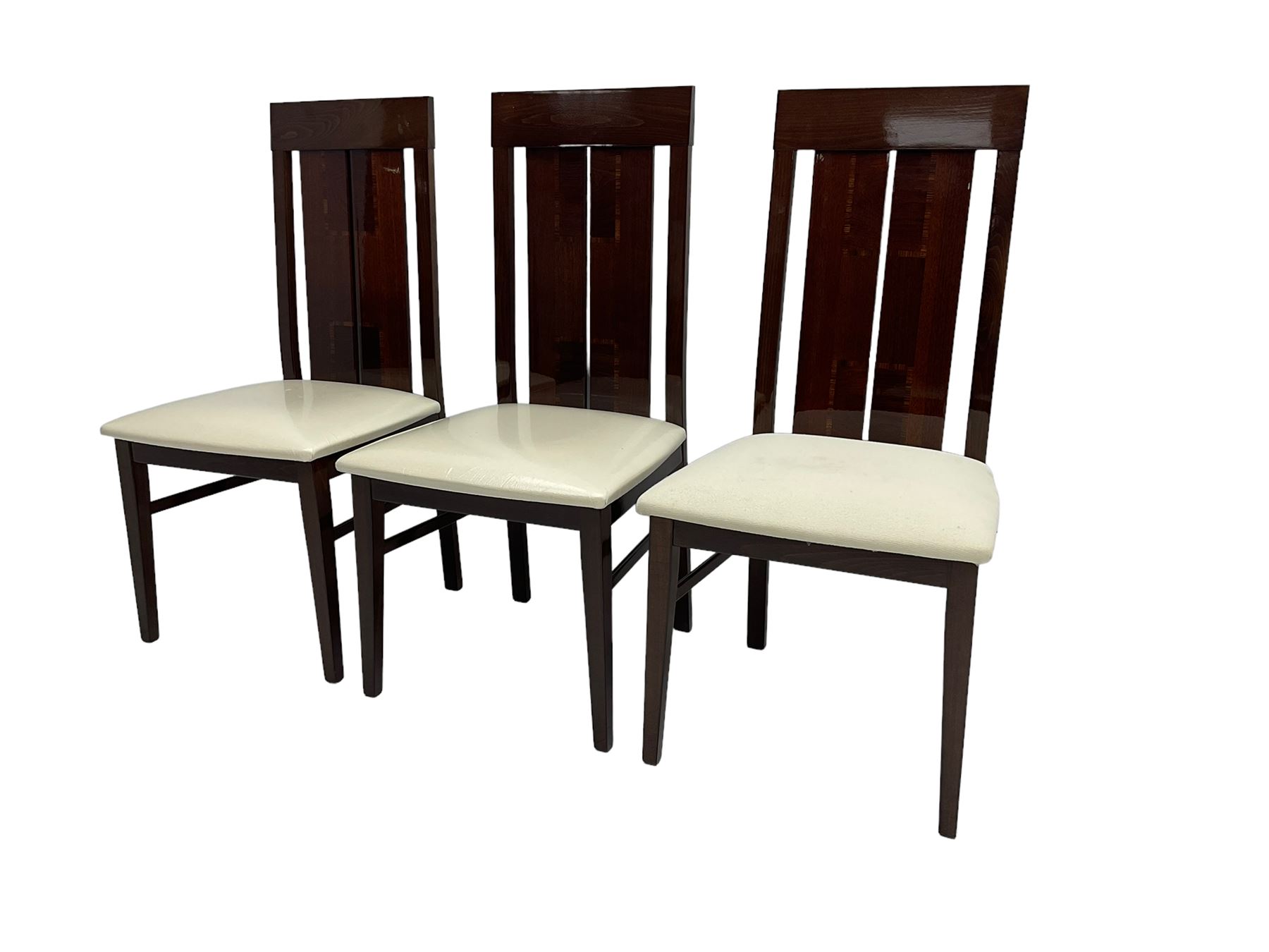Large American walnut rectangular dining table on square block supports, together with set eight high back dining chairs with cream upholstered seats, the top and chair backs with matching inlaid geometric banding
