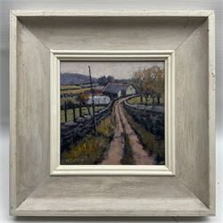 Malcolm Taylor (British Contemporary): 'Polytunnel on Pinnacle Lane', acrylic on board signed, titled verso 19cm x 19cm 