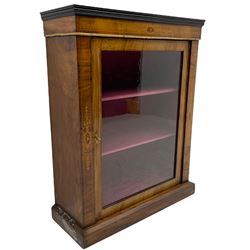 Victorian walnut pier display cabinet, the top with applied ebonised mouldings over inlaid frieze and uprights, lined interior enclosed by single glazed door, plinth base