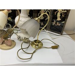 Soapstone table lamp, with carved floral stem, together with three other table lamps, metal candelabra and candlestick, Charles Burton Barber framed print and a Chinese table screen etc 