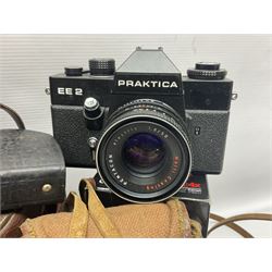 Collection of cameras and lenses, to include Pentax Program A camera body, serial no 123759, with 'Pentax-A zoom 1:3.5-4.5 28-80mm' len, Praktica EE2 camera body with 'Pentacon electric 1.8/50' lens etc, together with a Manfrotto tripod 