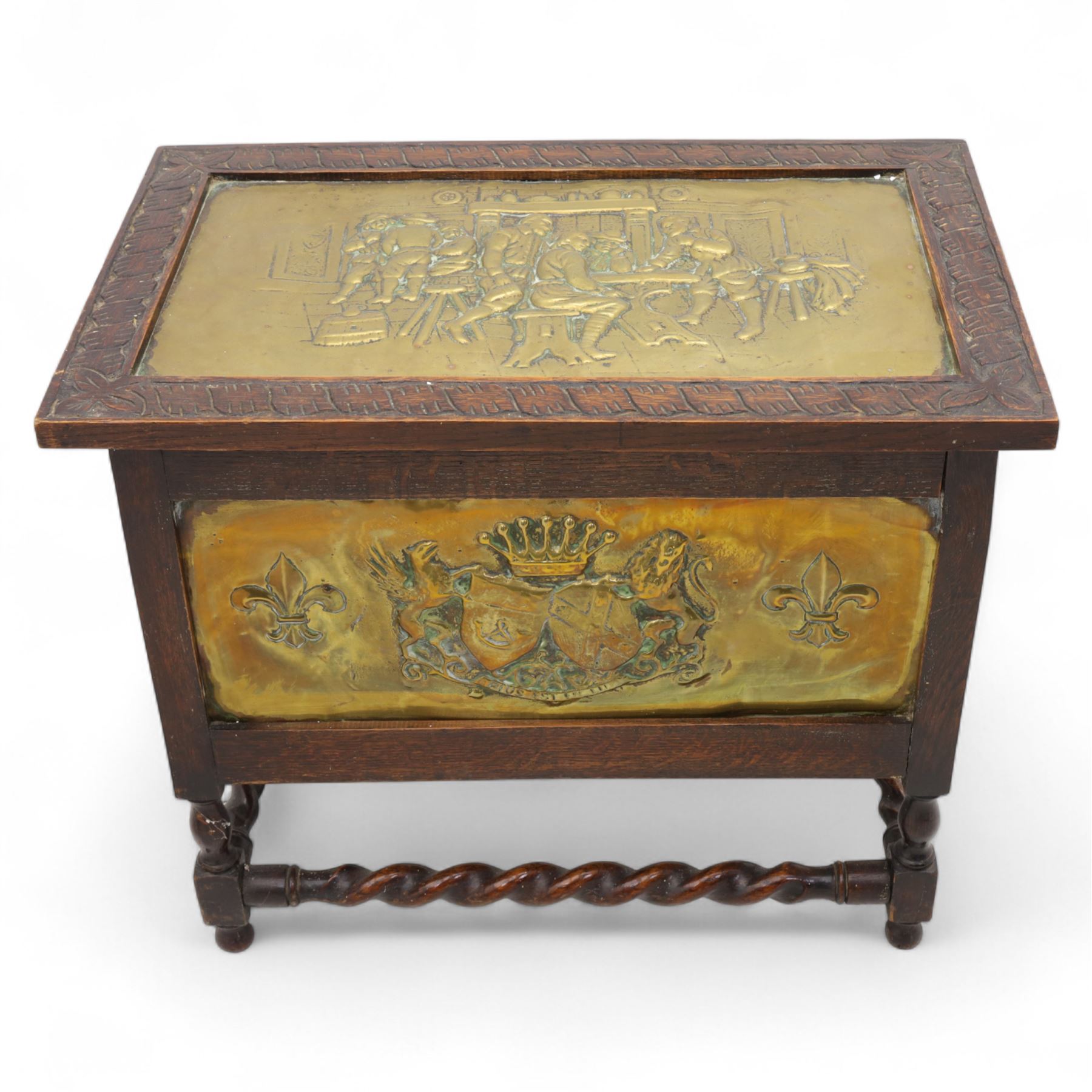 Early 20th-century carved hall chair with a floral needlework panel seat and an early 20th-century brass embossed log box, 102x45cm and 61x38x51cm (2)