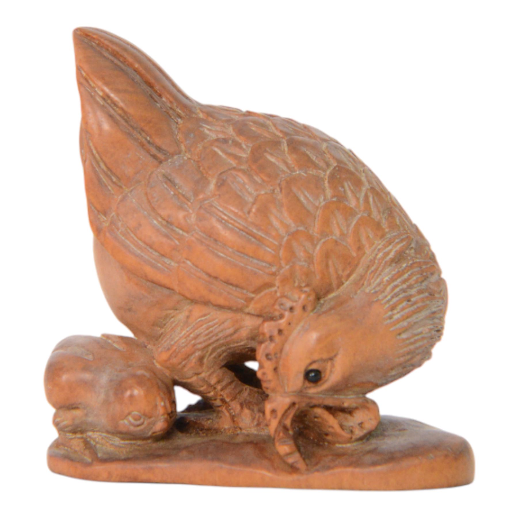  Two wooden netsuke, in the forms of a foo dog and a chicken, both signed to the base, H6cm