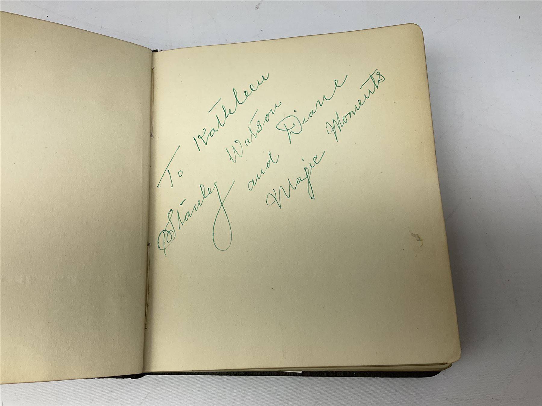 2 autograph albums, containing signatures including Harry Corbett Sooty, Dave Morris, Marion Saunders, Max Bygraves and signed photographs, quantity of postcards depicting the Lords Prayer and playing cards in case