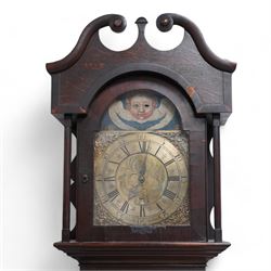 Blackett Wallace (I) of Brampton (Cumberland) -  30 hour oak and mahogany longcase c1760, with a swan neck pediment, shaped back splats, detached pilasters and a break arch hood door, trunk with canted corners and a flat topped door with a sunken panel, rectangular plinth with a decorative base, square brass dial with an added automata representing a blinking cherub to the arch, engraved dial centre and date aperture, silvered chapter with Roman numerals, five minute Arabic's, minute track and matching steel hands, with a chain driven countwheel movement, striking the hours on a bell. With weight and Pendulum.
The Wallace family  (I) & (II) were father and son clockmakers both sharing the same unusual Christian  name. Working in Brampton during the 18th century, primarily making oak cased 30-hr clocks such as this interesting example.