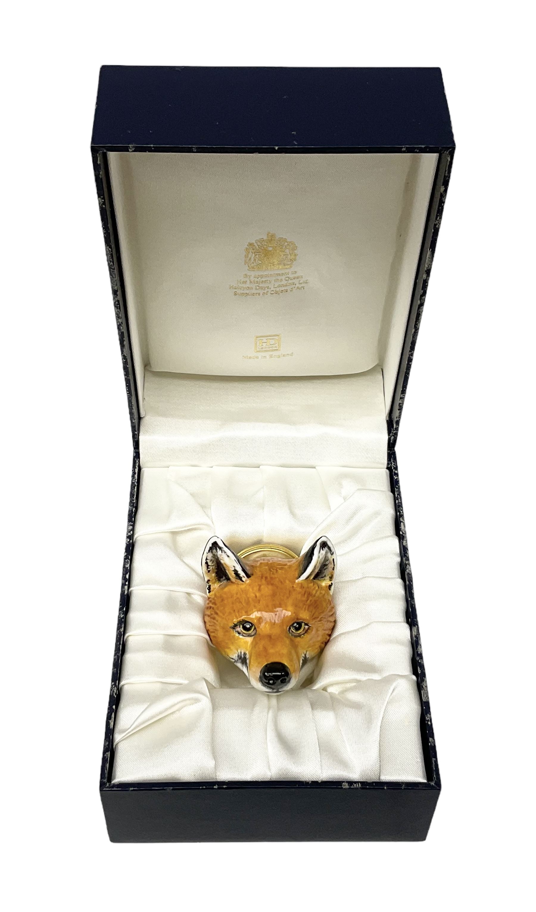 Halcyon Days enamel box, fox head stirrup cup, inspired by a Derby porcelain original of c1820, in fitted box 