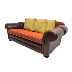 Gainsborough Lounge Suites - three piece leather and fabric lounge suite - pair two seat sofas (W225cm, H82cm, D105cm), and matching armchair (W88cm), on turned front feet with scatter cushions