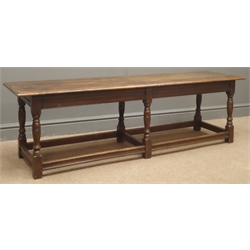  Pair 17th century style joint benches, rectangular moulded tops, turned supports with stretchers, 153cm x 41cm, H46cm  