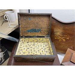Three 19th century wooden boxes, to include a sewing box of sarcophagus form upon compressed bun feet, plus a mahogany twin handled kidney shaped tray, in one box