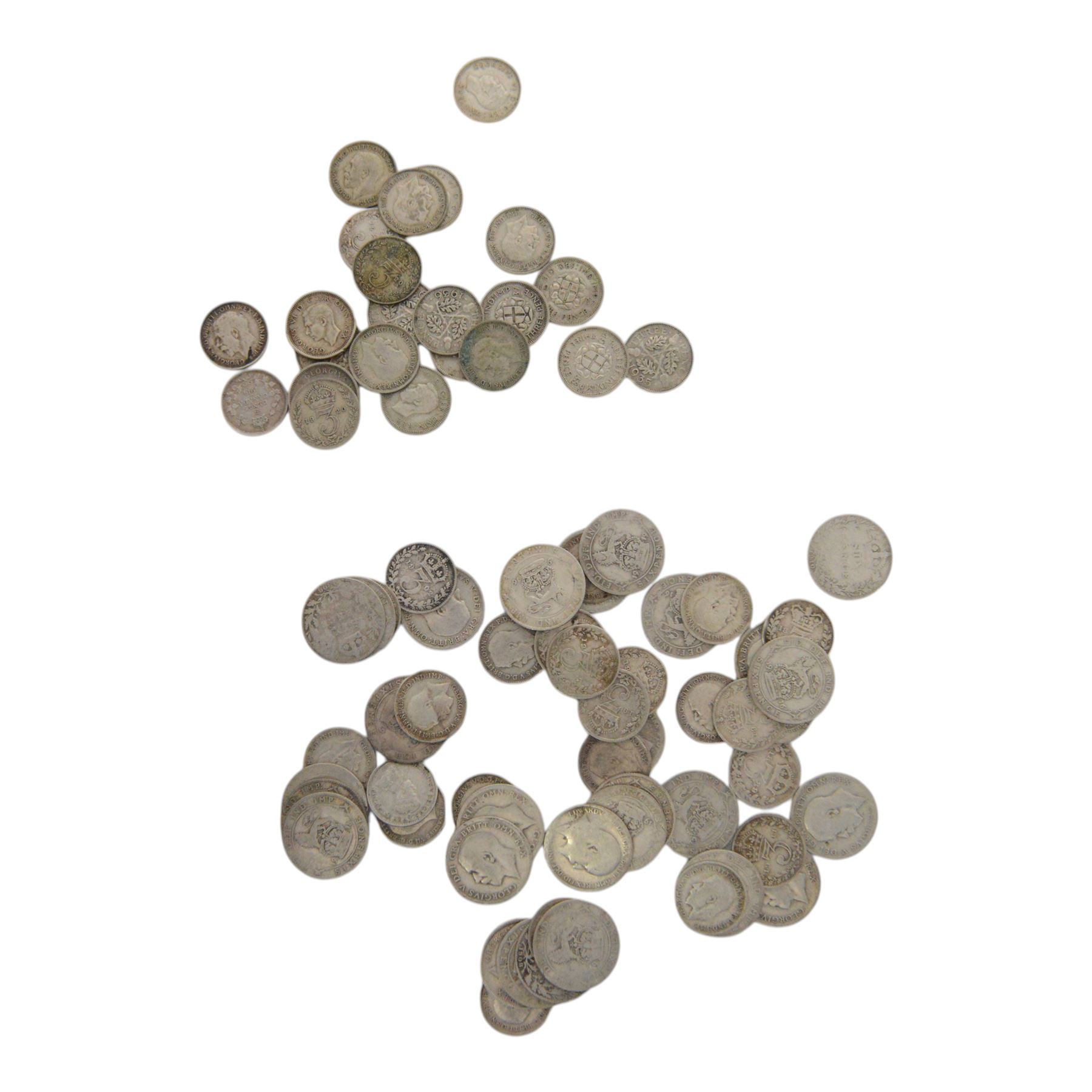 Approximately 108 grams of Great British pre-1920 silver sixpence and threepence coins, and approximately 29 grams of Great British pre-1947 silver threepence coins