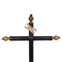 19th century black lacquered crucifix, with gilt detail upon a stepped base, H88cm   